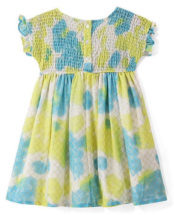 Babyhug Cotton Sleeveless Ethnic Dress With Tie & Dye Print - Green Blue & White