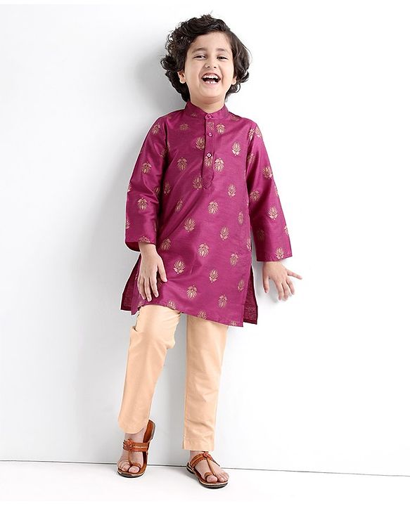 Babyhug Woven Full Sleeves Foil Printed Kurta & Pajama Set - Magenta