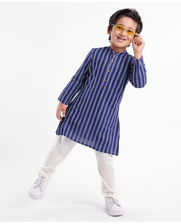 Babyhug Full Sleeves 100% Cotton Spiral Printed Kurta Pyjama Set - Indigo