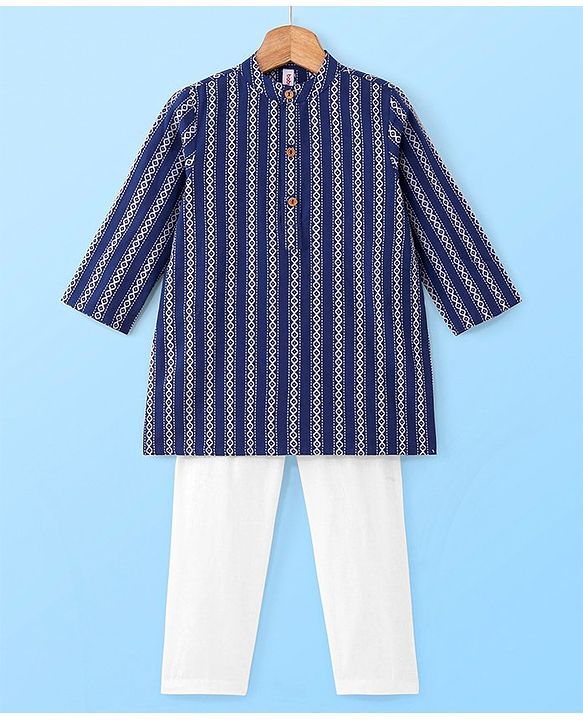 Babyhug Full Sleeves 100% Cotton Spiral Printed Kurta Pyjama Set - Indigo