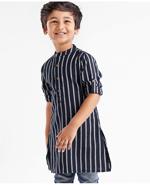 Babyhug 100% Cotton Kurta With Striped Embroidery Detailing - Indigo