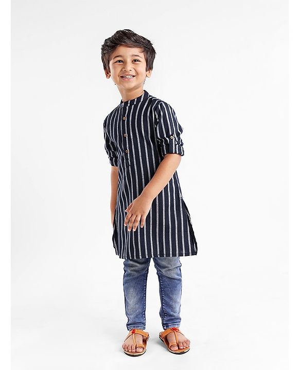 Babyhug 100% Cotton Kurta With Striped Embroidery Detailing - Indigo