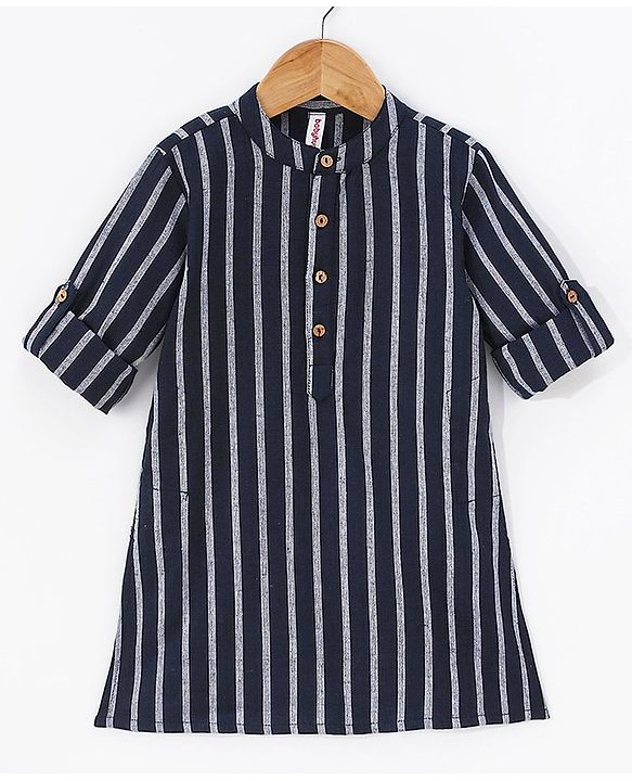 Babyhug 100% Cotton Kurta With Striped Embroidery Detailing - Indigo
