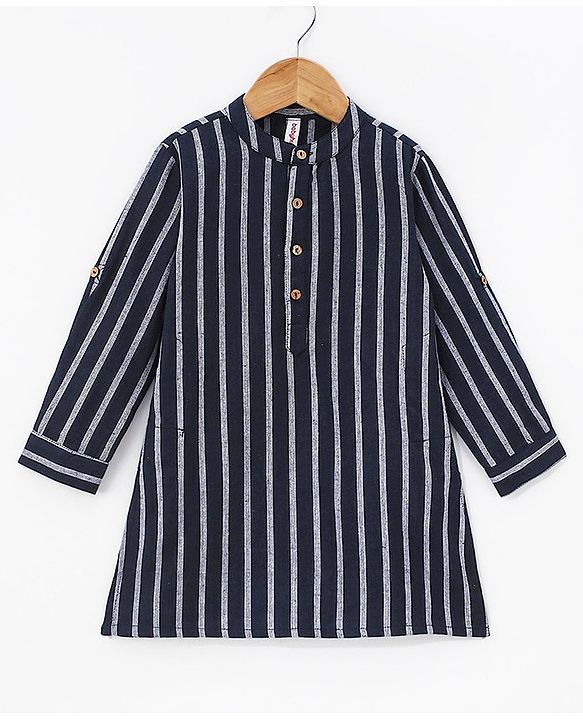 Babyhug 100% Cotton Kurta With Striped Embroidery Detailing - Indigo