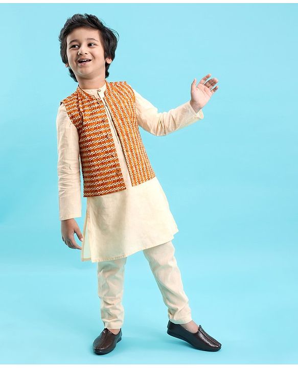 Babyhug Full Sleeves Solid Kurta & Pyjama Set With Printed Jacket- Cream