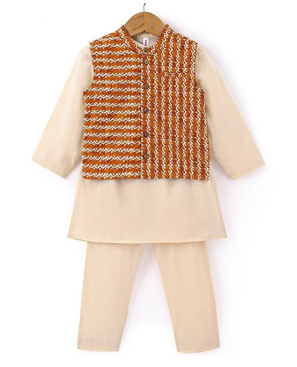Babyhug Full Sleeves Solid Kurta & Pyjama Set With Printed Jacket- Cream