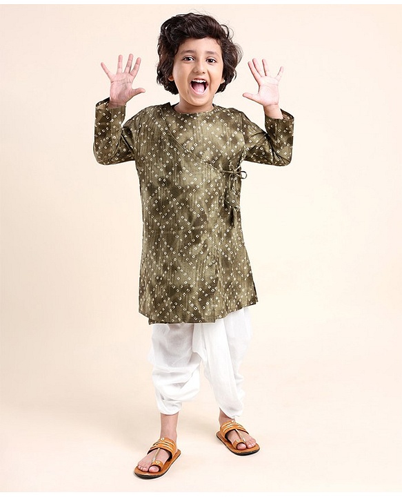 Babyhug Rayon Full Sleeves Kurta With Dhoti Rayon Slub Bandhani Print - Green
