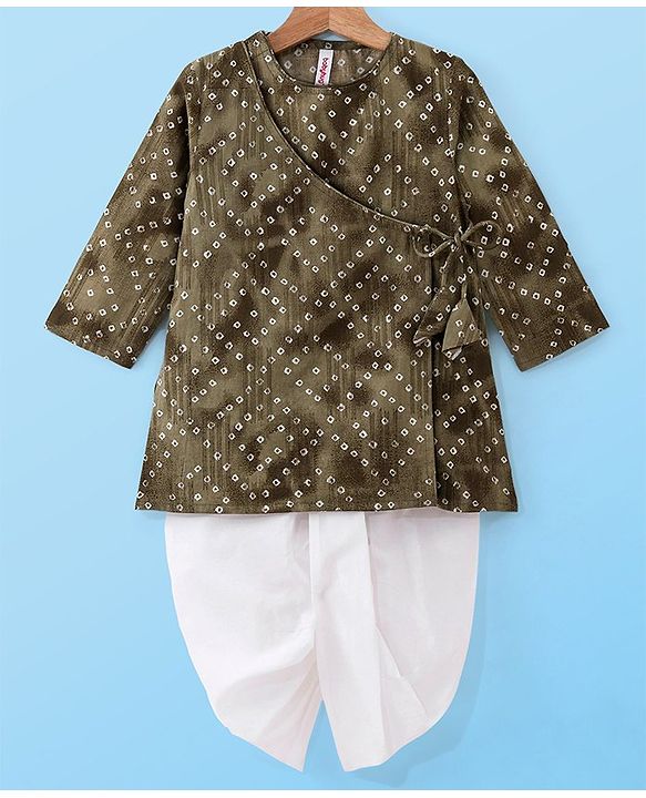 Babyhug Rayon Full Sleeves Kurta With Dhoti Rayon Slub Bandhani Print - Green