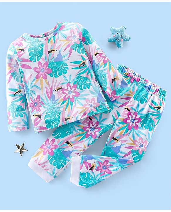 Babyhug Cotton Knit Full Sleeves Night Suit Tropical Print - Pink & White