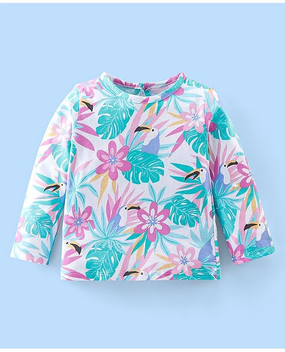 Babyhug Cotton Knit Full Sleeves Night Suit Tropical Print - Pink & White