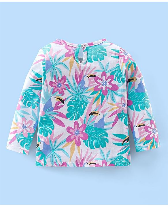 Babyhug Cotton Knit Full Sleeves Night Suit Tropical Print - Pink & White