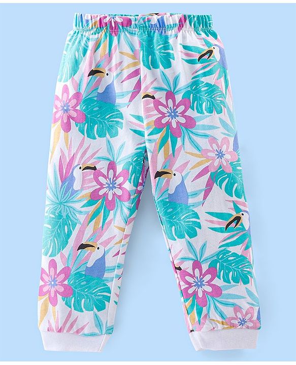 Babyhug Cotton Knit Full Sleeves Night Suit Tropical Print - Pink & White