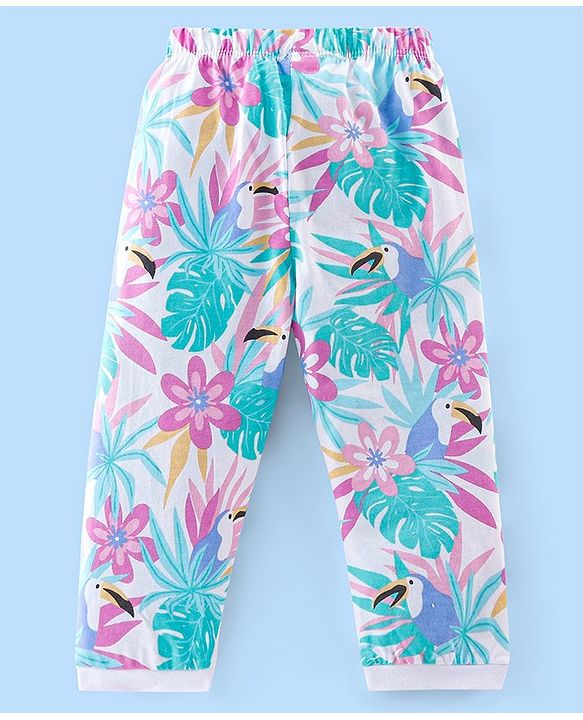 Babyhug Cotton Knit Full Sleeves Night Suit Tropical Print - Pink & White