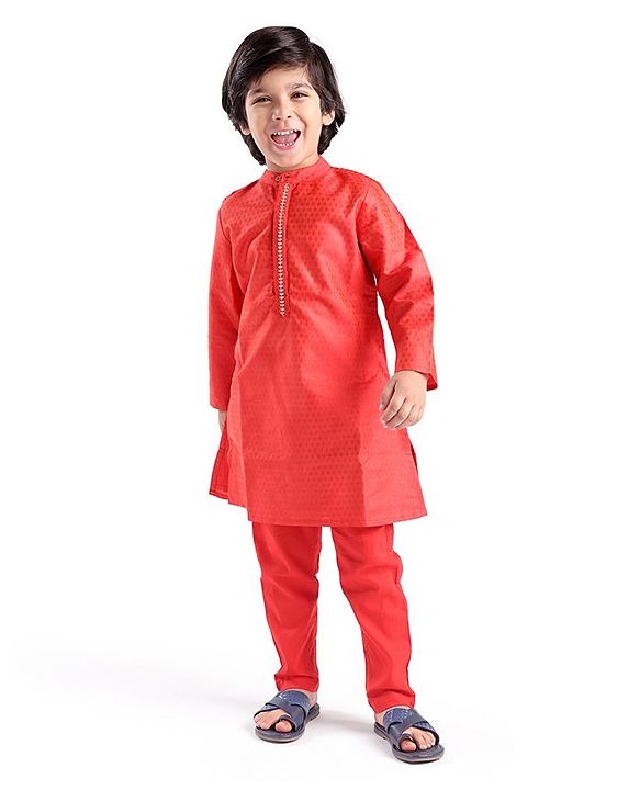 Babyhug Full Sleeve Dobby Kurta With Pyjama Set-Red