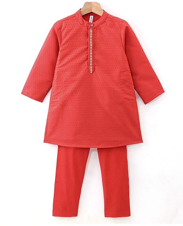 Babyhug Full Sleeve Dobby Kurta With Pyjama Set-Red