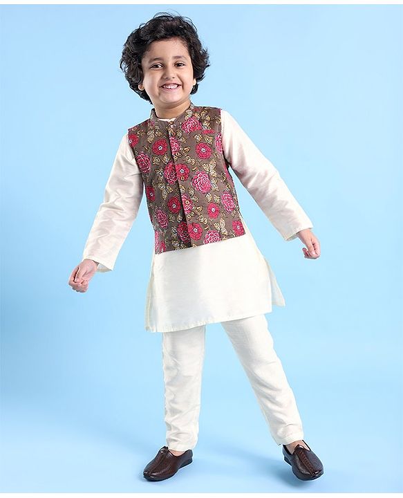 Babyhug 100% Cotton Full Sleeves Kurta & Pyjama With Floral Print Waistcoat - Cream Brown & White