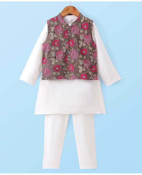 Babyhug 100% Cotton Full Sleeves Kurta & Pyjama With Floral Print Waistcoat - Cream Brown & White