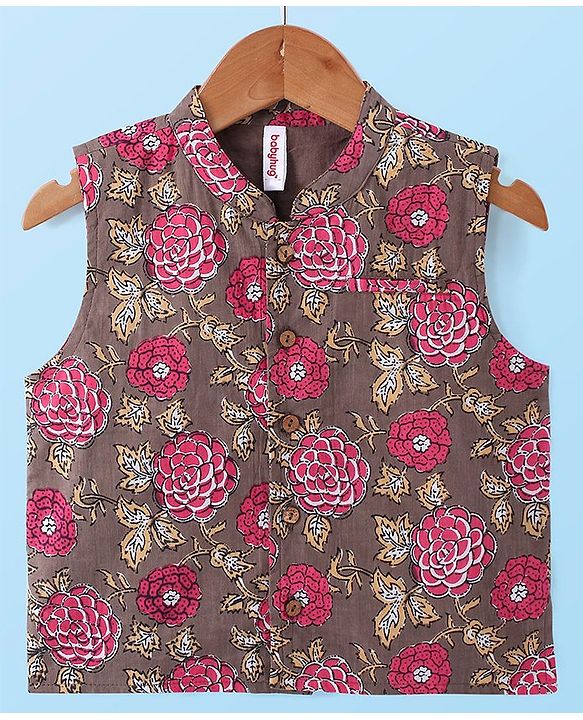 Babyhug 100% Cotton Full Sleeves Kurta & Pyjama With Floral Print Waistcoat - Cream Brown & White