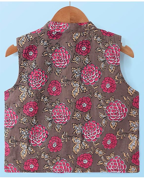 Babyhug 100% Cotton Full Sleeves Kurta & Pyjama With Floral Print Waistcoat - Cream Brown & White