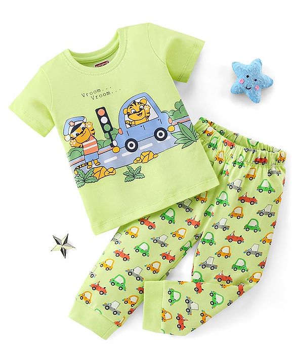 Babyhug Half Sleeves Nightwear Pajama Set Tiger and Car Print - Green