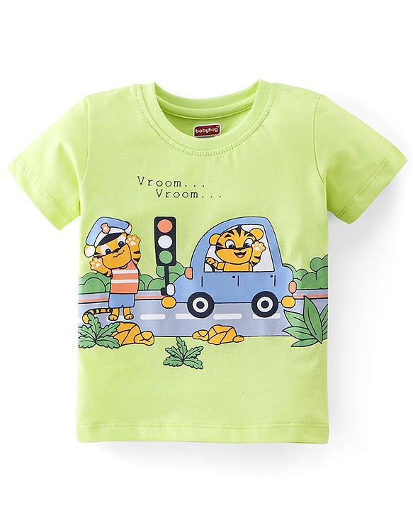 Babyhug Half Sleeves Nightwear Pajama Set Tiger and Car Print - Green