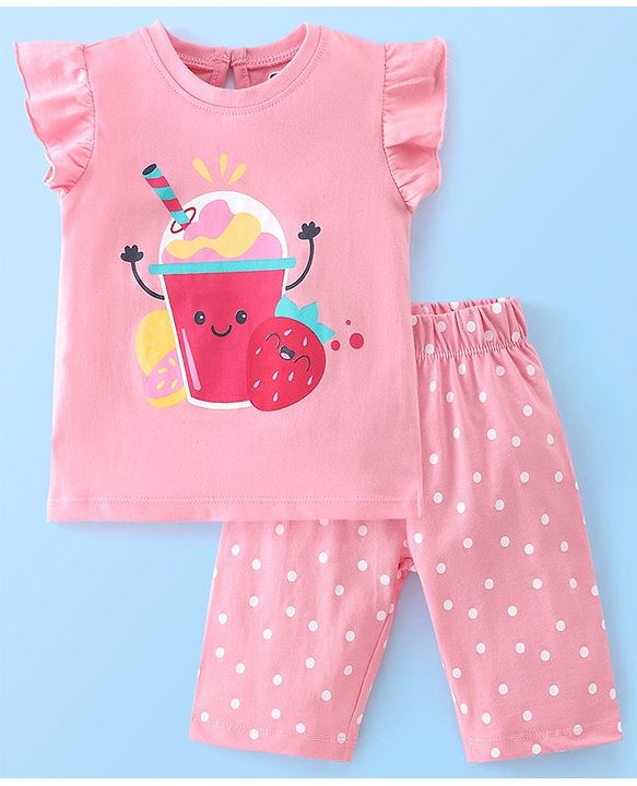 Babyhug Cotton Frill Sleeves Capri Night Suit Dot & Shake Print- Pink