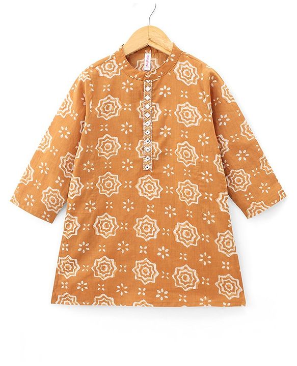 Babyhug 100% Cotton Woven Full Sleeves Kurta With Dhoti Floral Print - Mustard