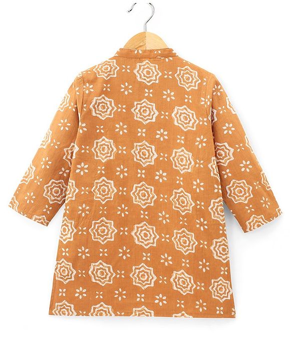 Babyhug 100% Cotton Woven Full Sleeves Kurta With Dhoti Floral Print - Mustard