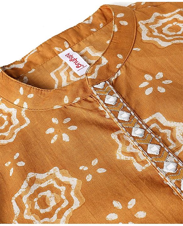 Babyhug 100% Cotton Woven Full Sleeves Kurta With Dhoti Floral Print - Mustard