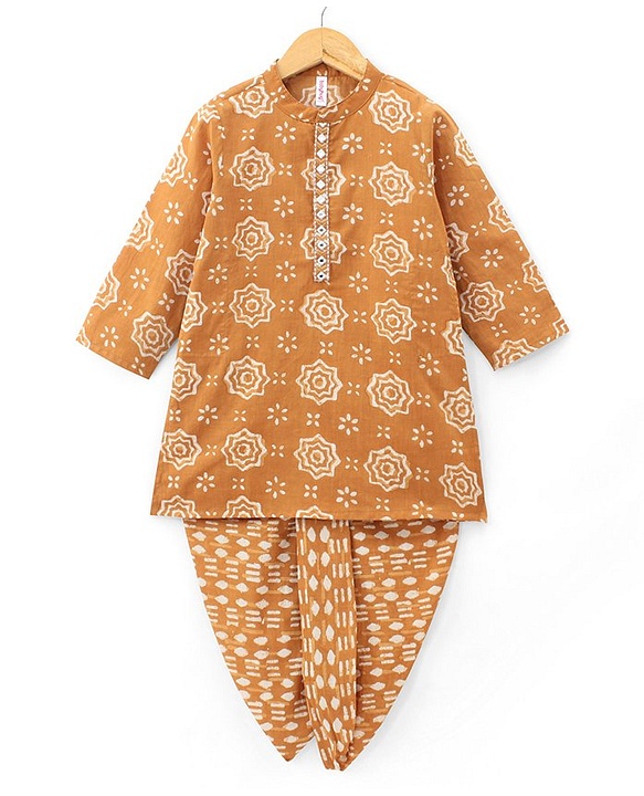 Babyhug 100% Cotton Woven Full Sleeves Kurta With Dhoti Floral Print - Mustard