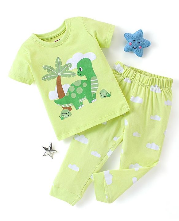 Babyhug Cotton Knit Half Sleeves Nightsuit Set Dino Print - Green