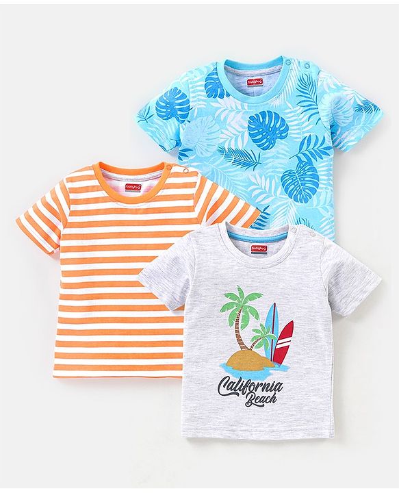 Babyhug Cotton Jersey Half Sleeves Striped & Tropical Printed T-Shirts Pack Of 3 - Orange Blue & Grey
