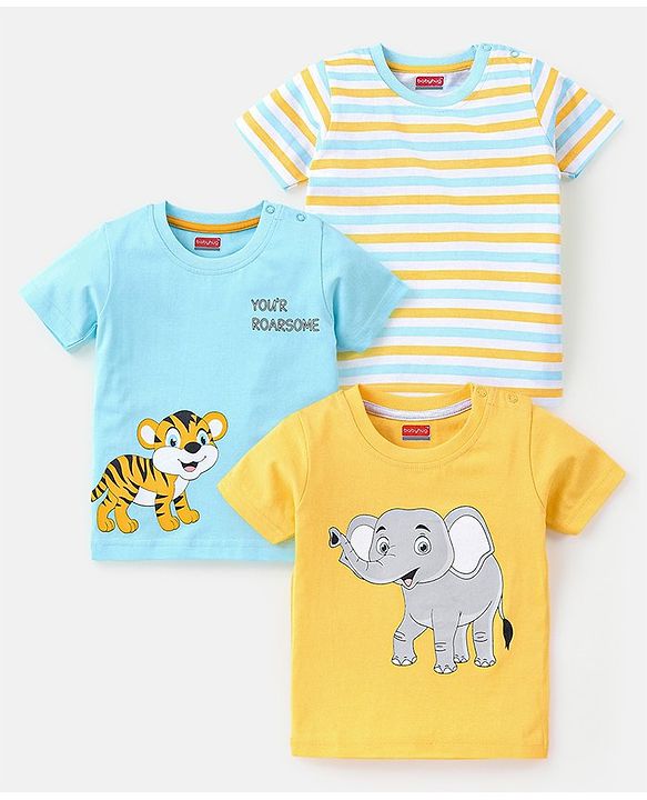 Babyhug Cotton Jersey Half Sleeves Striped T-Shirts Pack Of 3 - Yellow & Blue