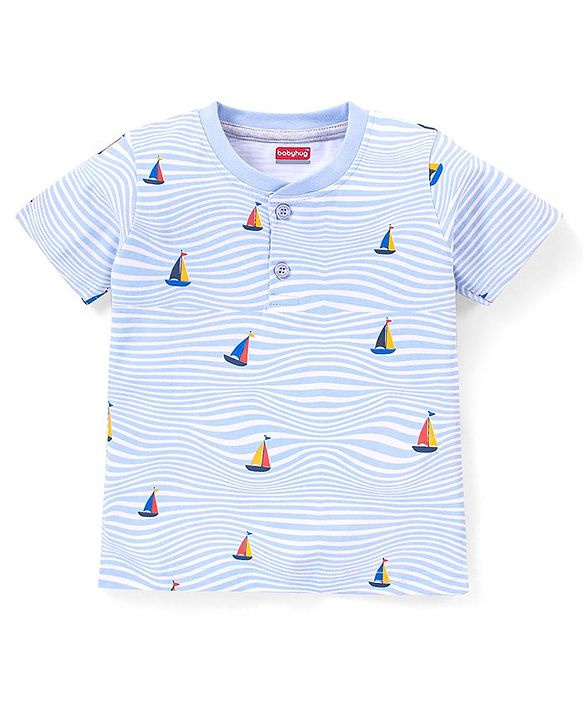 Babyhug Cotton Half Sleeves T-Shirt Boat & Waves Print- White & Blue