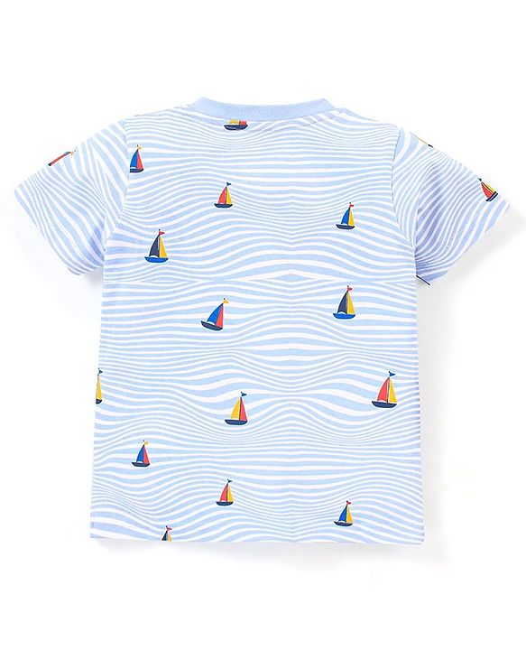 Babyhug Cotton Half Sleeves T-Shirt Boat & Waves Print- White & Blue