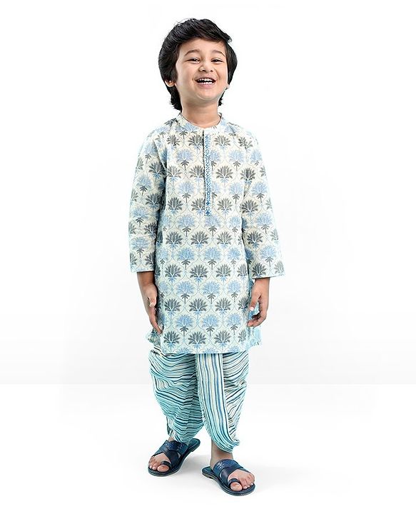 Babyhug 100% Cambric Full Sleeve Printed Kurta With Dhoti Set - Off White
