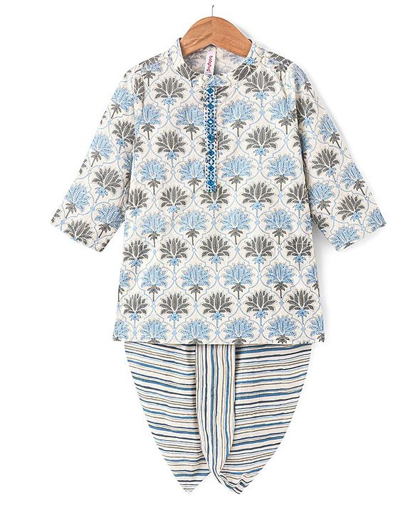 Babyhug 100% Cambric Full Sleeve Printed Kurta With Dhoti Set - Off White