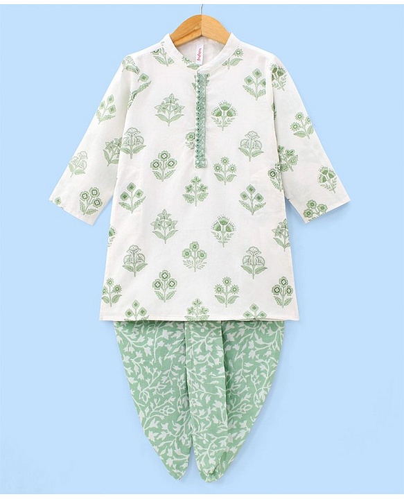Babyhug 100% Cotton Woven Full Sleeves Kurta With Dhoti Floral Print - White