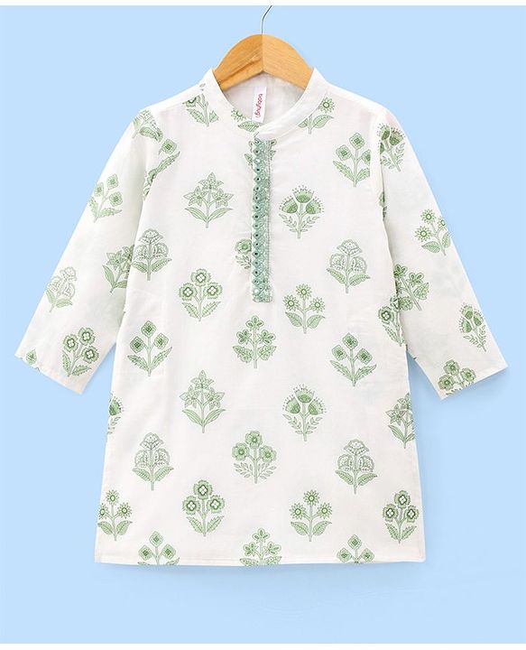 Babyhug 100% Cotton Woven Full Sleeves Kurta With Dhoti Floral Print - White