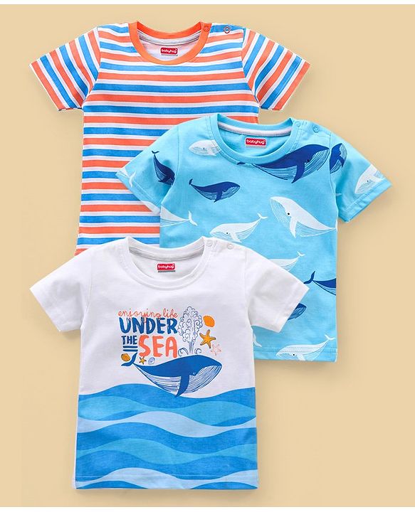 Babyhug Cotton Jersey Half Sleeves T-Shirt Shark Print Pack Of 3 - Blue