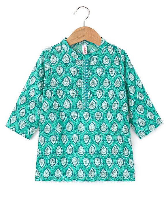 Babyhug 100% Cotton Full Sleeves Leafs Printed Kurta with Printed Dhoti Set - Sea Green