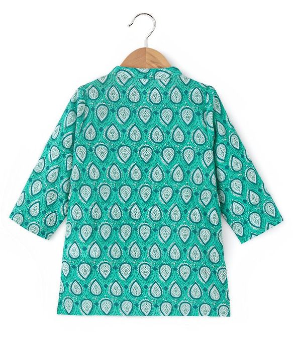 Babyhug 100% Cotton Full Sleeves Leafs Printed Kurta with Printed Dhoti Set - Sea Green