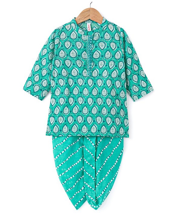 Babyhug 100% Cotton Full Sleeves Leafs Printed Kurta with Printed Dhoti Set - Sea Green