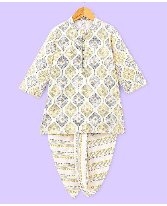 Babyhug 100% Cambric Full Sleeves Kurta With Dhoti Argyle Print - Beige