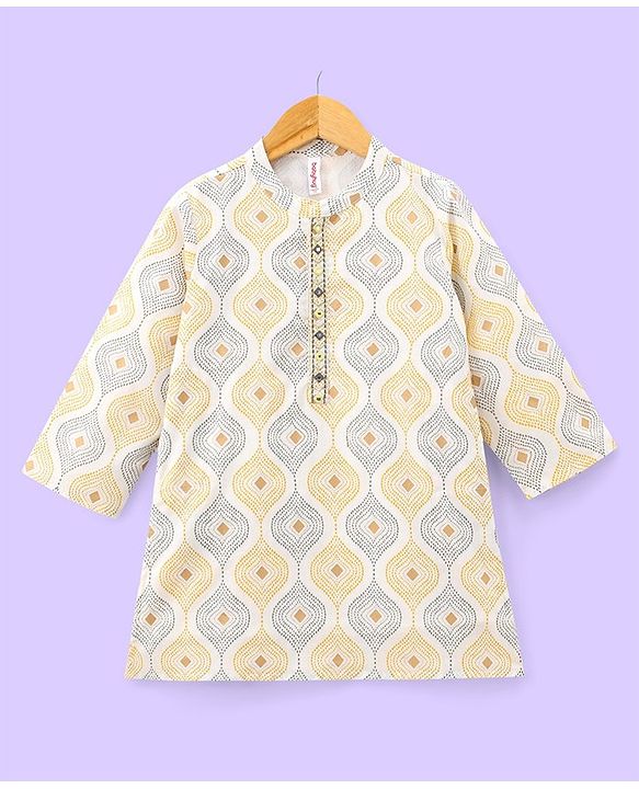 Babyhug 100% Cambric Full Sleeves Kurta With Dhoti Argyle Print - Beige