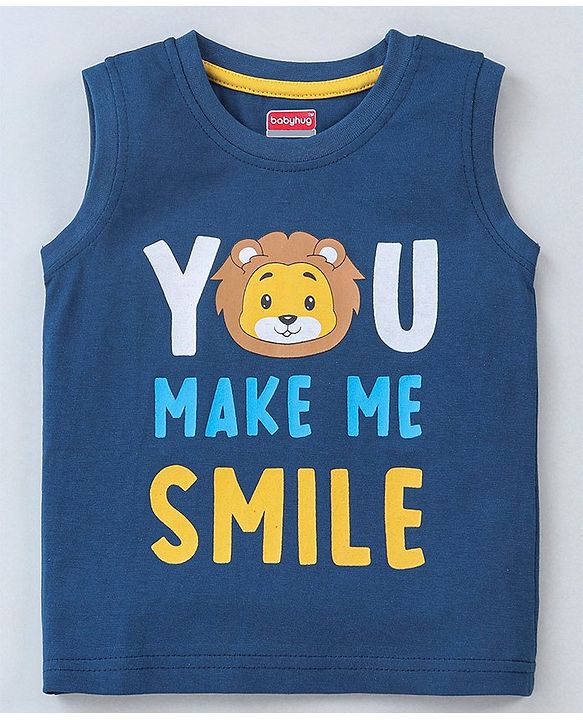 Babyhug Cotton Jersey Sleeveless T-Shirt Text Print - Blue