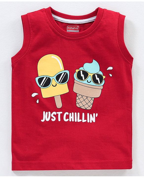 Babyhug Cotton Jersey Sleeveless T-Shirt Ice Cream Print - Red