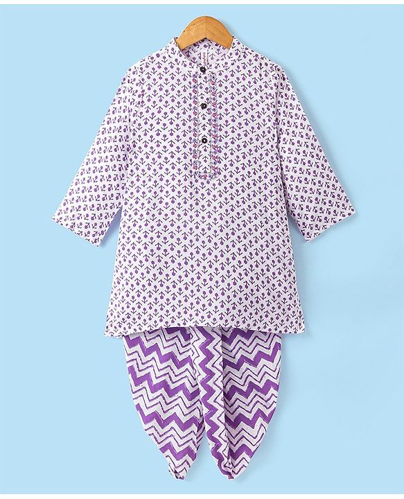 Babyhug Cotton Full Sleeves Kurta With Dhoti Floral Print & Embroidery - White & Purple