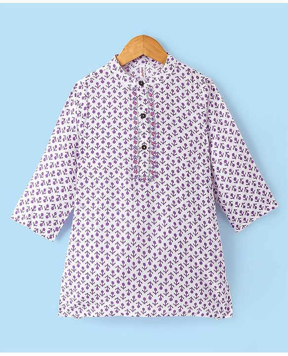Babyhug Cotton Full Sleeves Kurta With Dhoti Floral Print & Embroidery - White & Purple