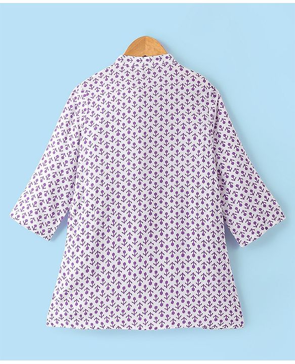 Babyhug Cotton Full Sleeves Kurta With Dhoti Floral Print & Embroidery - White & Purple